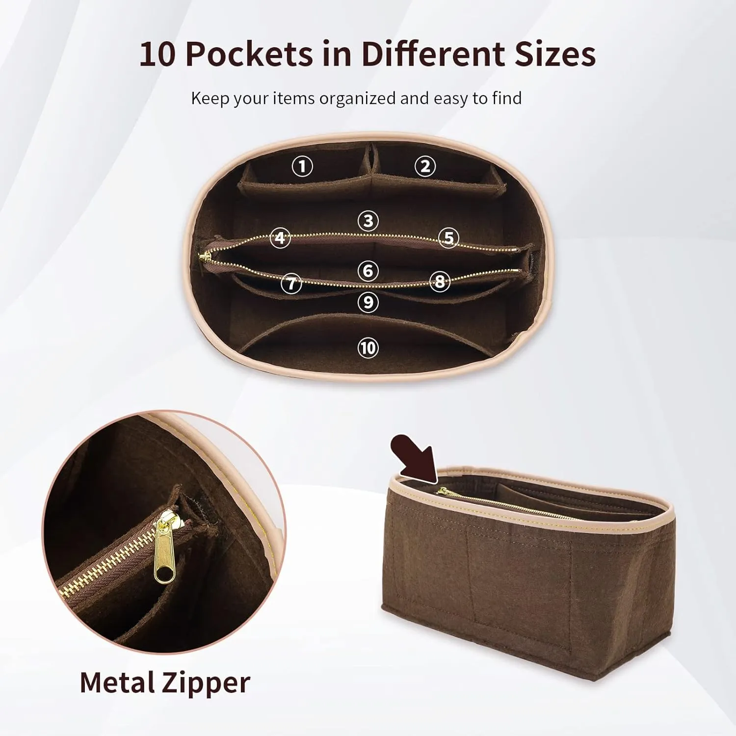 Purse Organizer & Base Shaper fit Speedy 30 & Neverfull MM, Felt Bag Organizer Insert for Handbags with Metal Zipper [Bag in Bag] (Large, Brown)