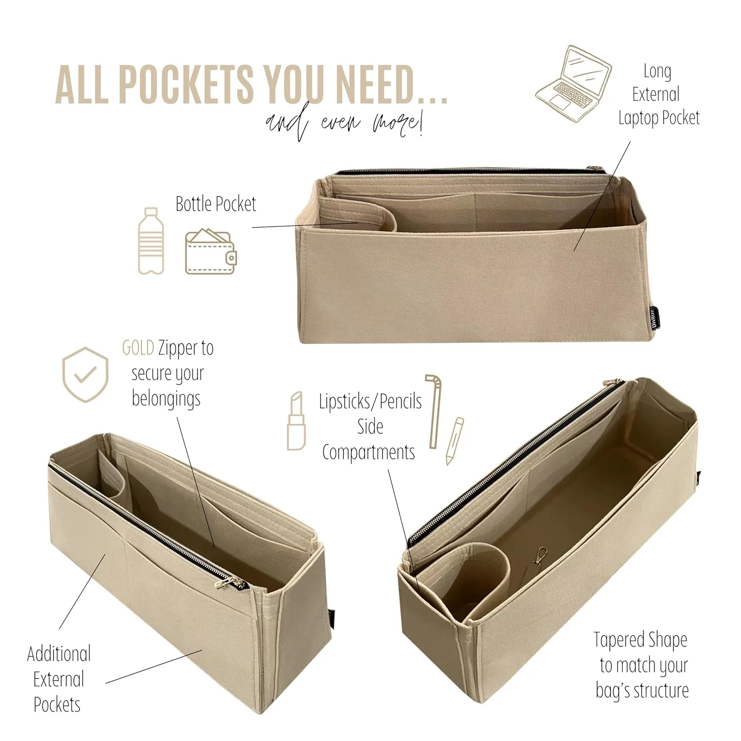 Purse Organizer for Lv Artsy MM Purse Organizer Insert, Artsy GM Organizer, Handmade Snug Sturdy 2mm Felt with Gold Zipper Tapered Shape Perfect Fit (For Artsy MM, Geyser Blue)