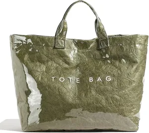 PVC Tote Bag for Women Kraft Paper Large Tote Bag Fashion Paper Bag Trendy Letter Print Tote Bag Top Handle