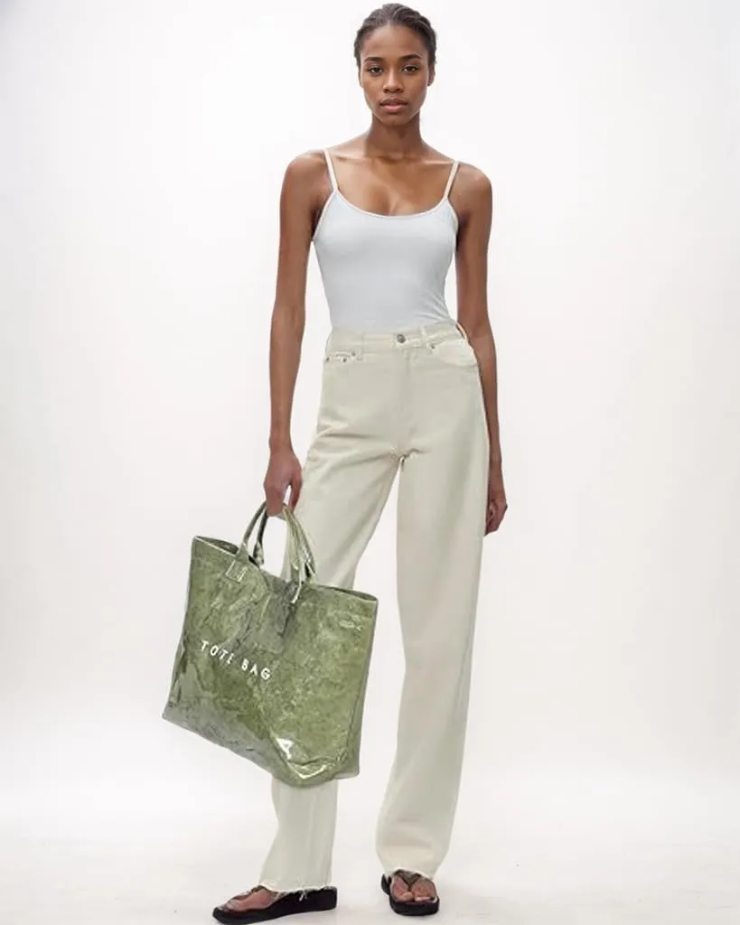 PVC Tote Bag for Women Kraft Paper Large Tote Bag Fashion Paper Bag Trendy Letter Print Tote Bag Top Handle