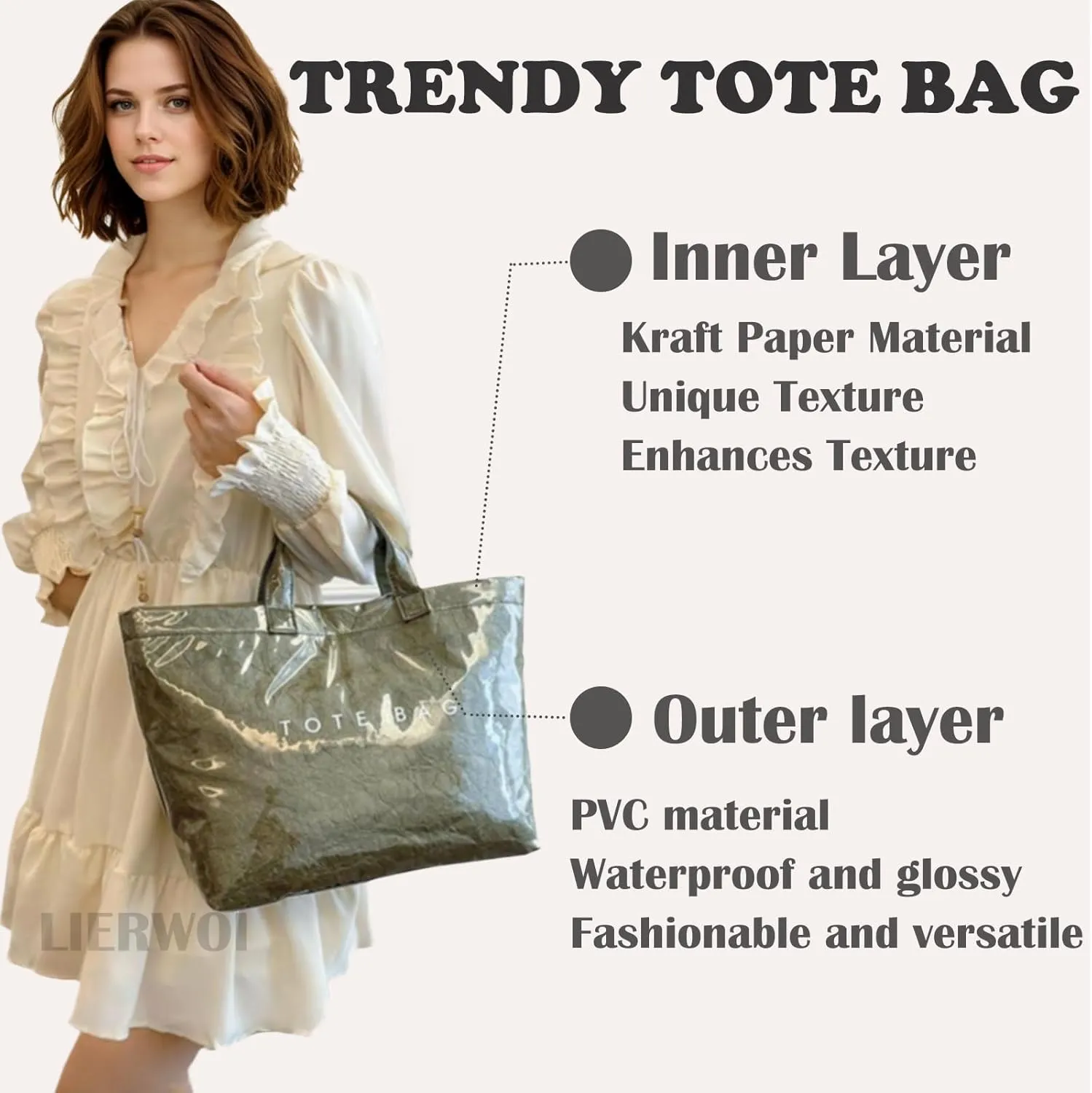 PVC Tote Bag for Women Kraft Paper Large Tote Bag Fashion Paper Bag Trendy Letter Print Tote Bag Top Handle