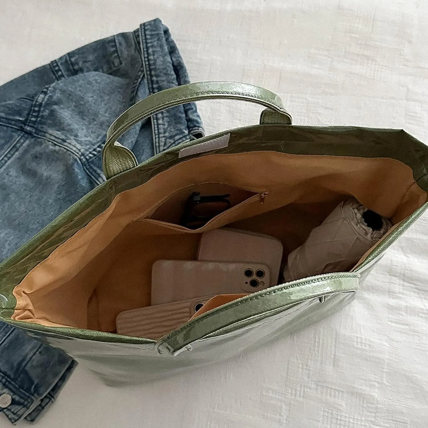 PVC Tote Bag for Women Kraft Paper Large Tote Bag Fashion Paper Bag Trendy Letter Print Tote Bag Top Handle