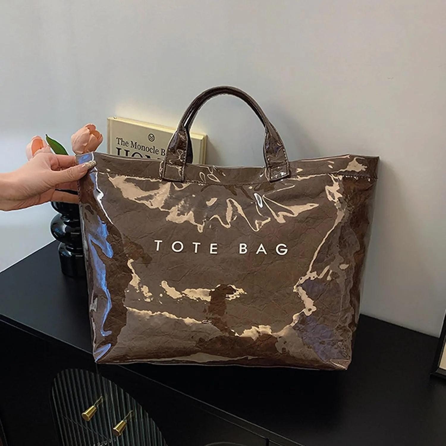 PVC Tote Bag for Women Kraft Paper Large Tote Bag Fashion Paper Bag Trendy Letter Print Tote Bag Top Handle