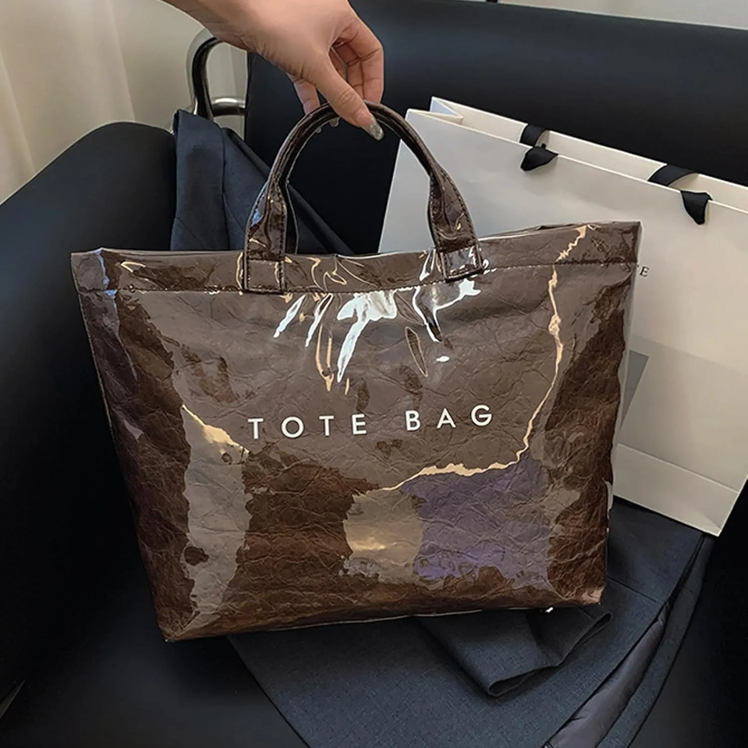 PVC Tote Bag for Women Kraft Paper Large Tote Bag Fashion Paper Bag Trendy Letter Print Tote Bag Top Handle