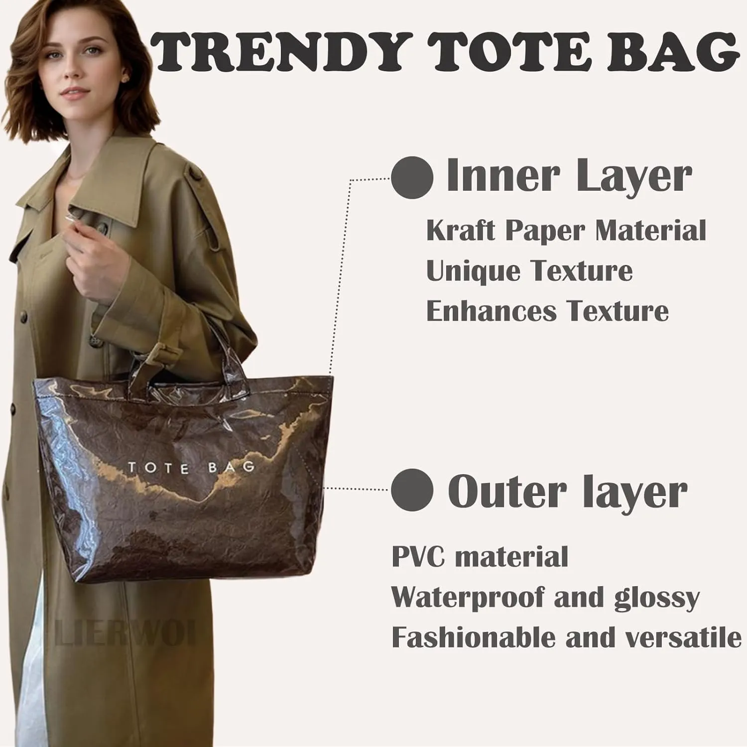 PVC Tote Bag for Women Kraft Paper Large Tote Bag Fashion Paper Bag Trendy Letter Print Tote Bag Top Handle