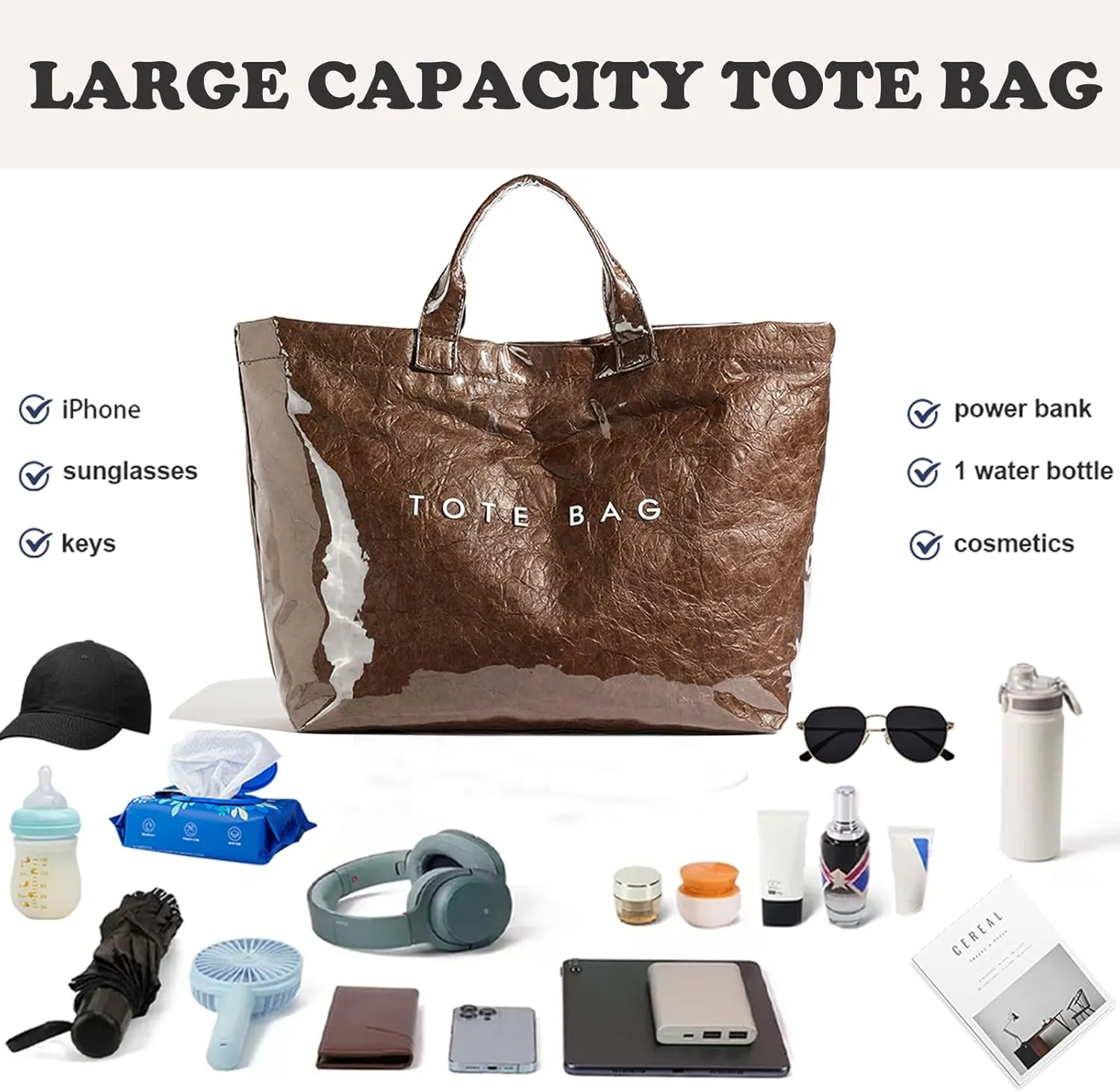 PVC Tote Bag for Women Kraft Paper Large Tote Bag Fashion Paper Bag Trendy Letter Print Tote Bag Top Handle