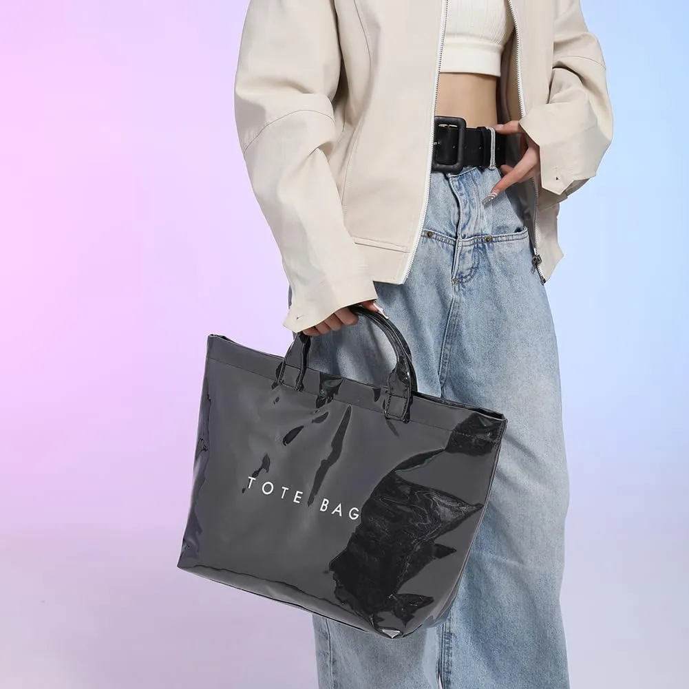 PVC Tote Bag for Women Large Letters Print Handbag Plastic Clear Tote Bag Kraft Paper Handbag