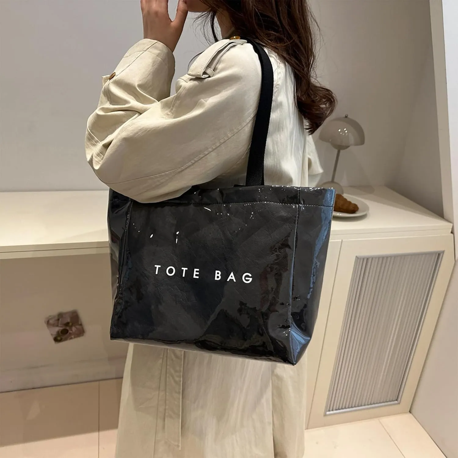PVC Tote Bag for Women Solid Color Large Letter Print Tote Bag Kraft Paper Clear Plastic Handbag Top Handle Bag