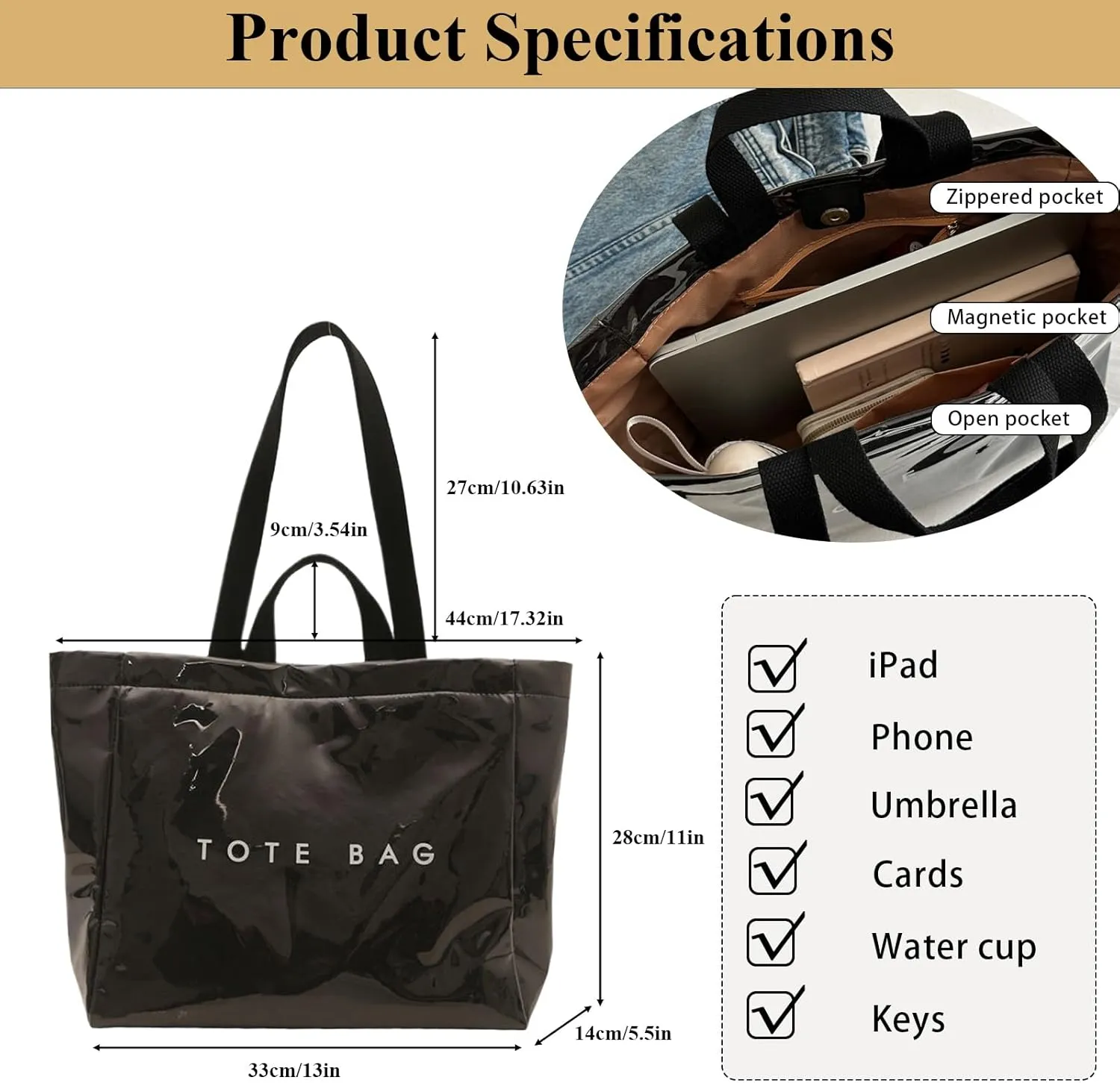 PVC Tote Bag for Women Solid Color Large Letter Print Tote Bag Kraft Paper Clear Plastic Handbag Top Handle Bag