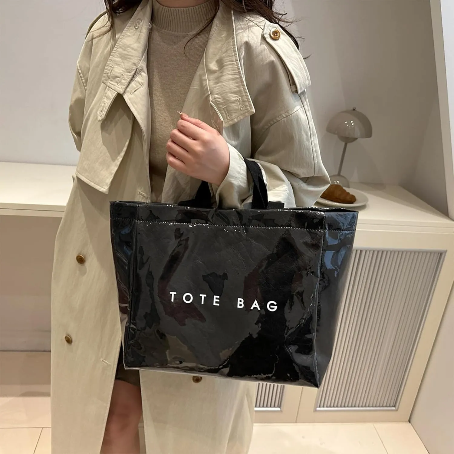 PVC Tote Bag for Women Solid Color Large Letter Print Tote Bag Kraft Paper Clear Plastic Handbag Top Handle Bag