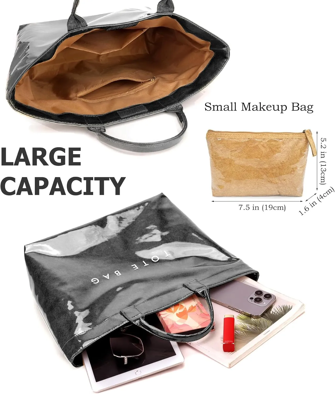 PVC Trendy Tote Bag for Women, Kraft Paper Letter Print Tote Bag Large Work Tote Handbag with Top Handle