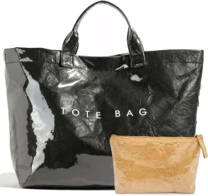 PVC Trendy Tote Bag for Women, Kraft Paper Letter Print Tote Bag Large Work Tote Handbag with Top Handle