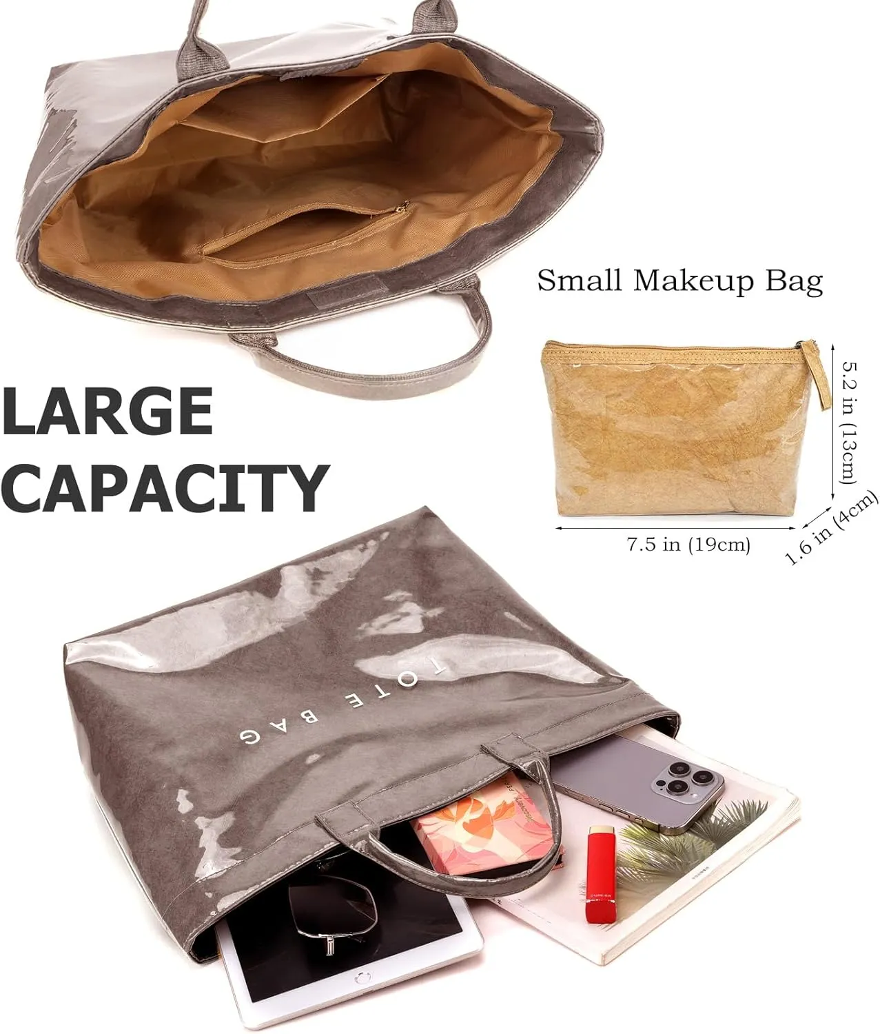 PVC Trendy Tote Bag for Women, Kraft Paper Letter Print Tote Bag Large Work Tote Handbag with Top Handle