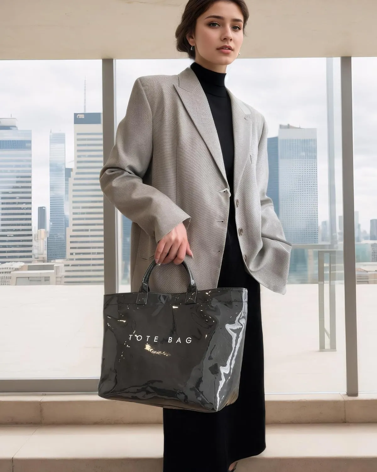 PVC Trendy Tote Bag for Women, Kraft Paper Letter Print Tote Bag Large Work Tote Handbag with Top Handle