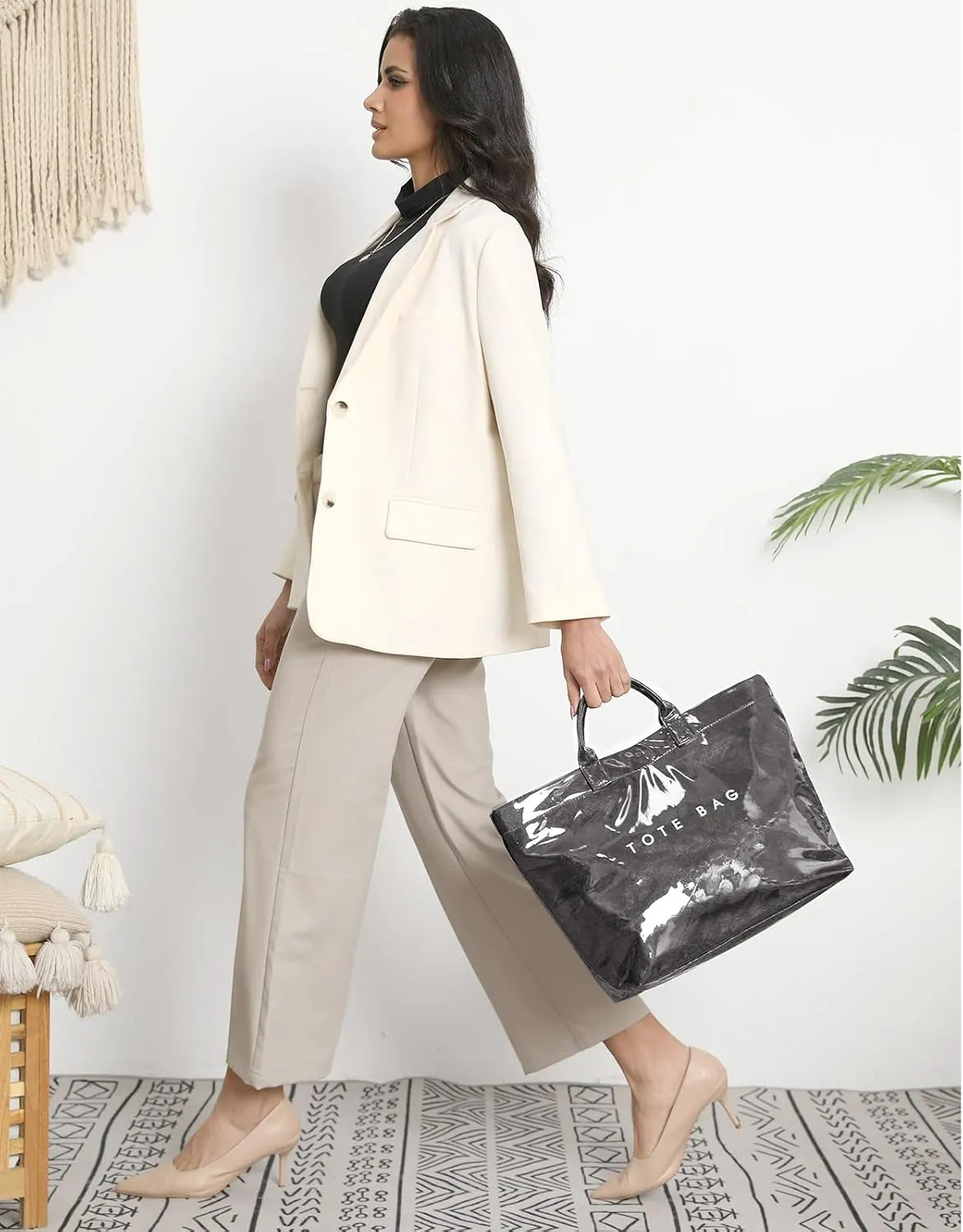 PVC Trendy Tote Bag for Women, Kraft Paper Letter Print Tote Bag Large Work Tote Handbag with Top Handle