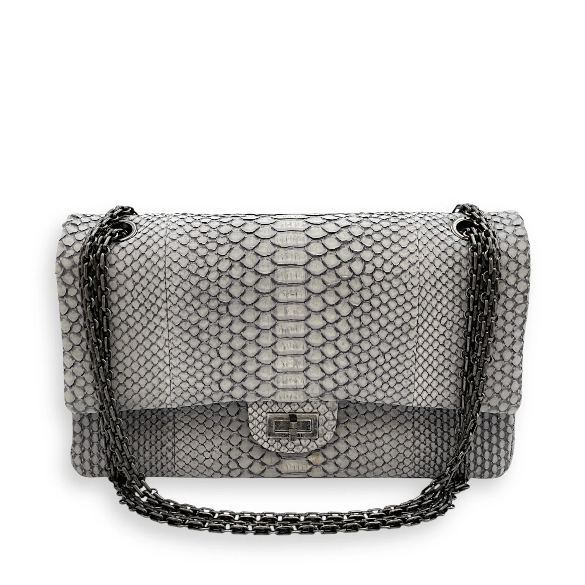 Python 2.55 Reissue Flap Grey Crossbody Bag in Python Embossed Calfskin, Ruthenium hardware