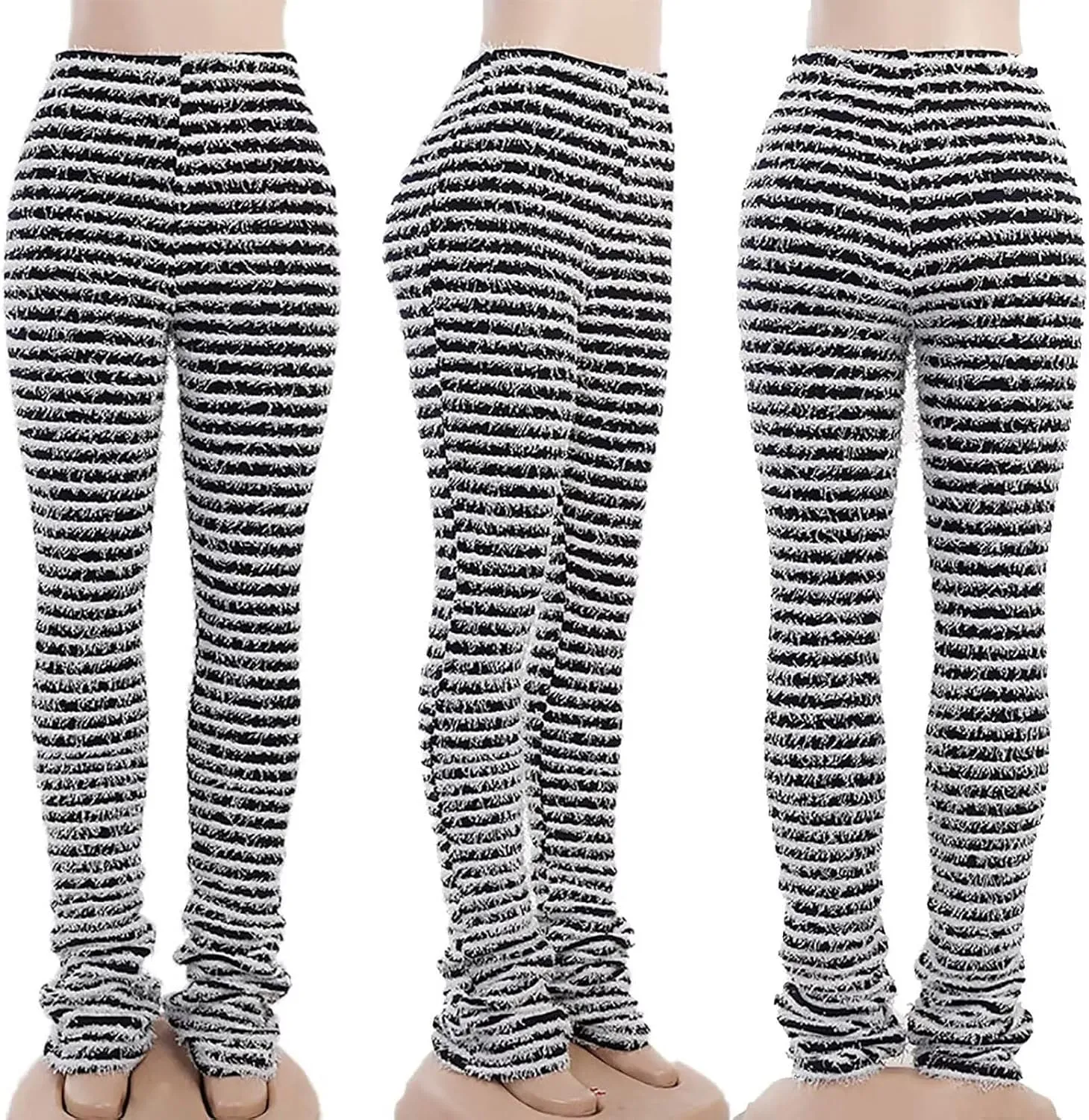qfmqkpi Women Fuzzy Pants Striped Black and White Fringe Stacked Leggings Knitted Sweatpants