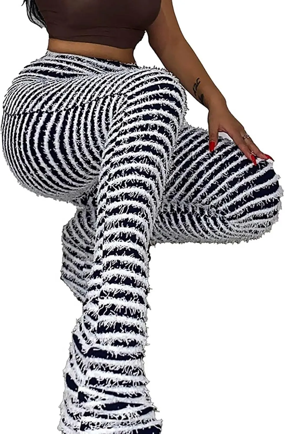 qfmqkpi Women Fuzzy Pants Striped Black and White Fringe Stacked Leggings Knitted Sweatpants