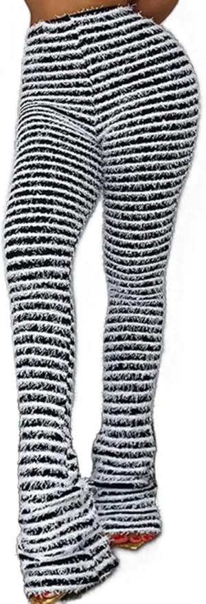 qfmqkpi Women Fuzzy Pants Striped Black and White Fringe Stacked Leggings Knitted Sweatpants