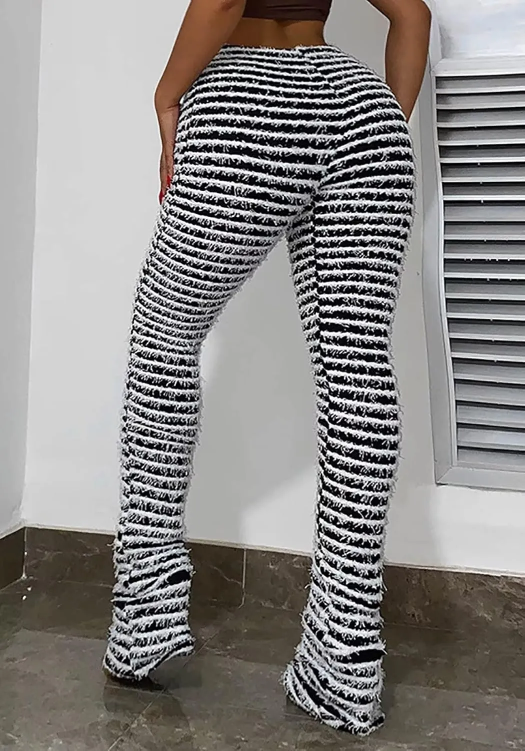 qfmqkpi Women Fuzzy Pants Striped Black and White Fringe Stacked Leggings Knitted Sweatpants