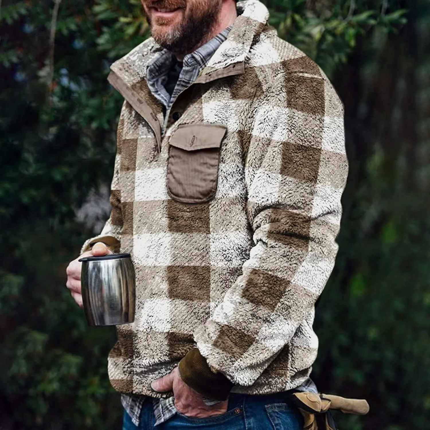 Quilted Lined Flannel Shirt Jacket for Men Hooded Zipper Pocket Long Sleeve Shirt Patchwork Flannel Shirt for Men