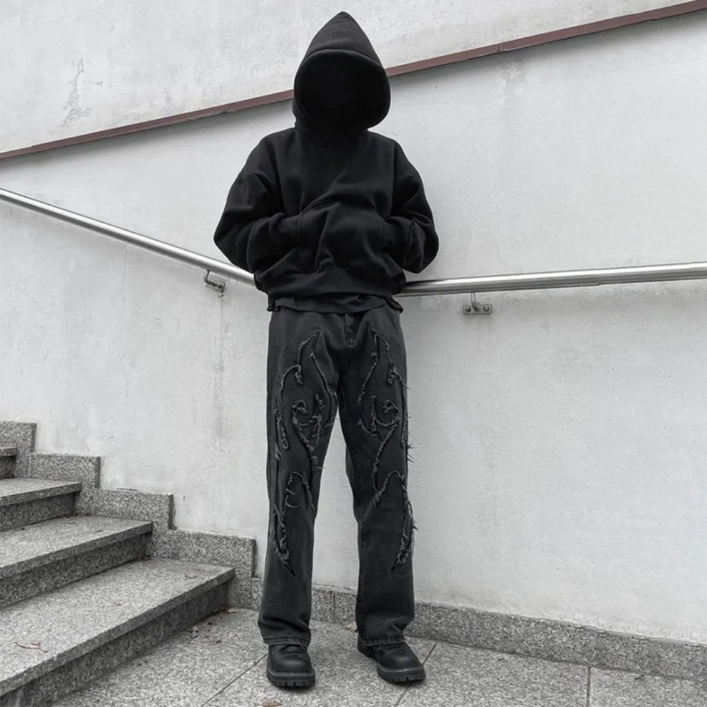 "Retro Flame Patchwork Straight Fading" Jeans