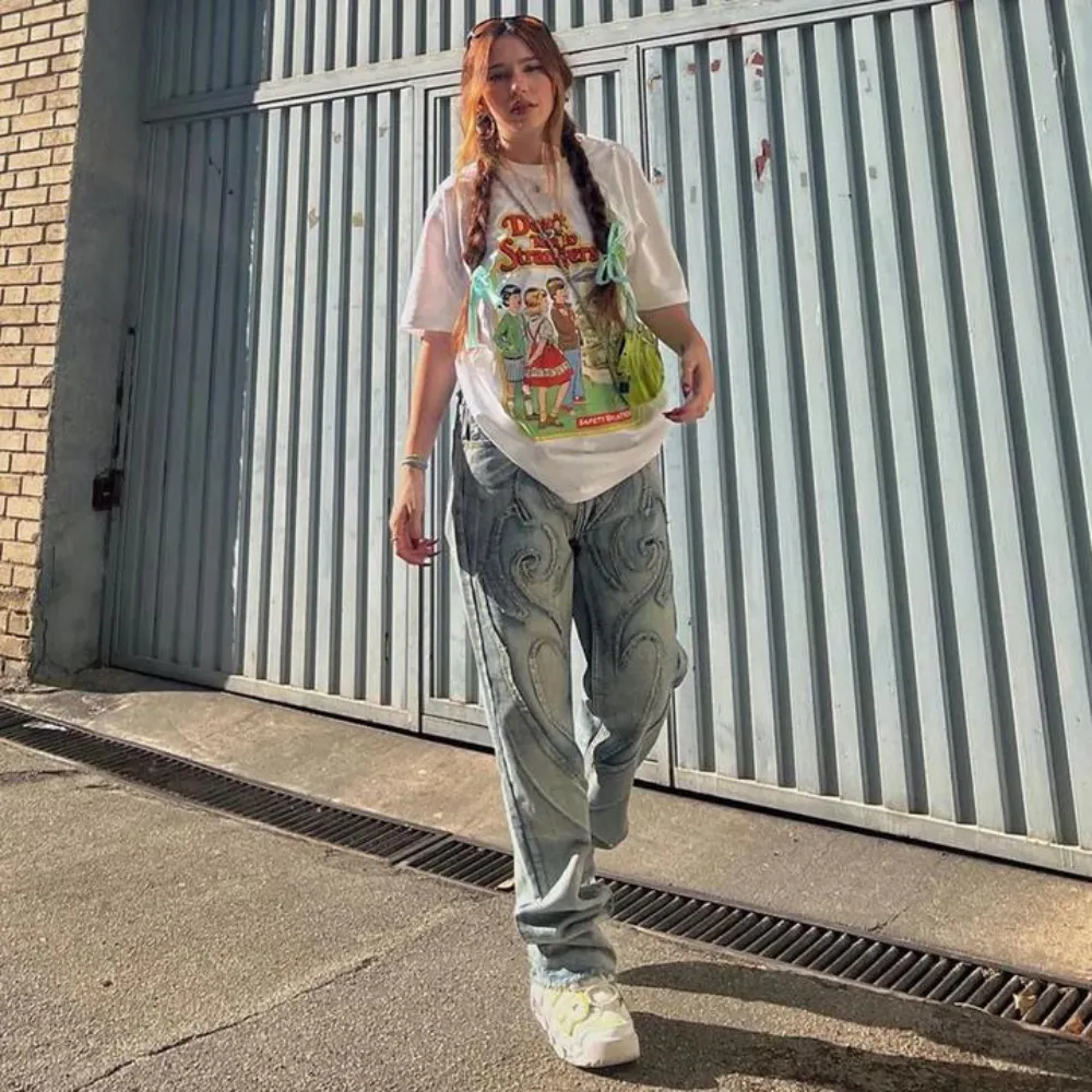 "Retro Flame Patchwork Straight Fading" Jeans