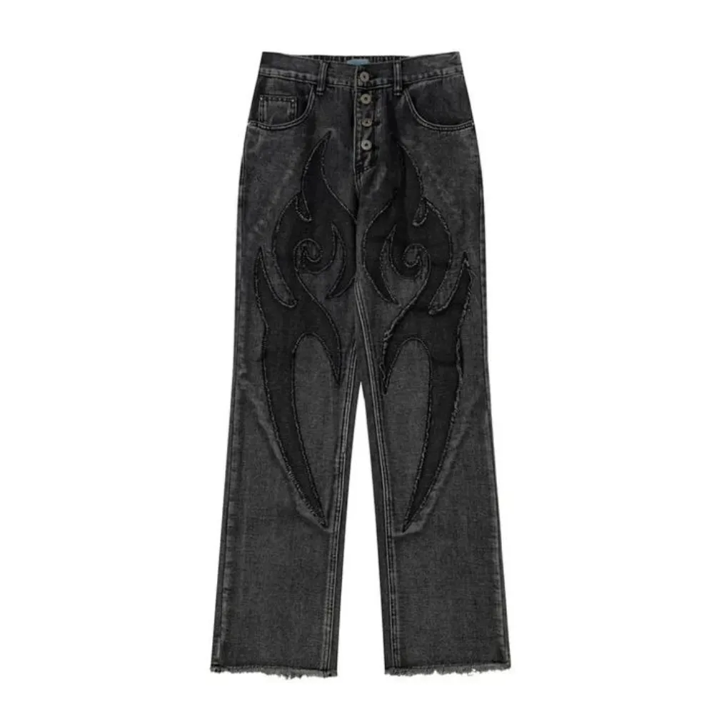 "Retro Flame Patchwork Straight Fading" Jeans
