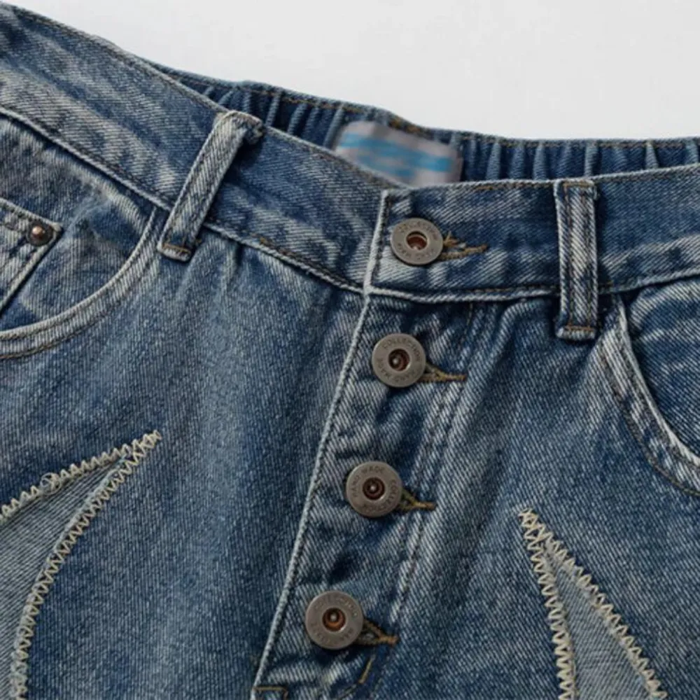 "Retro Flame Patchwork Straight Fading" Jeans