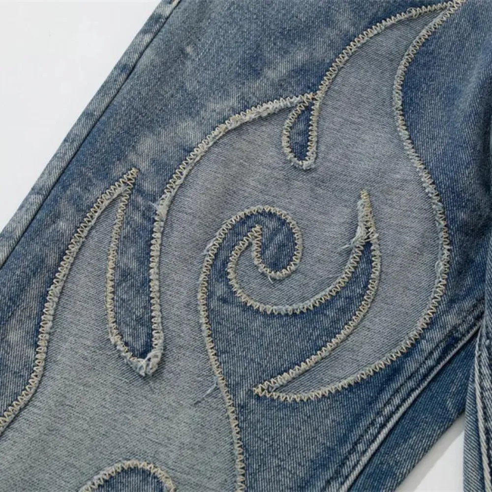 "Retro Flame Patchwork Straight Fading" Jeans