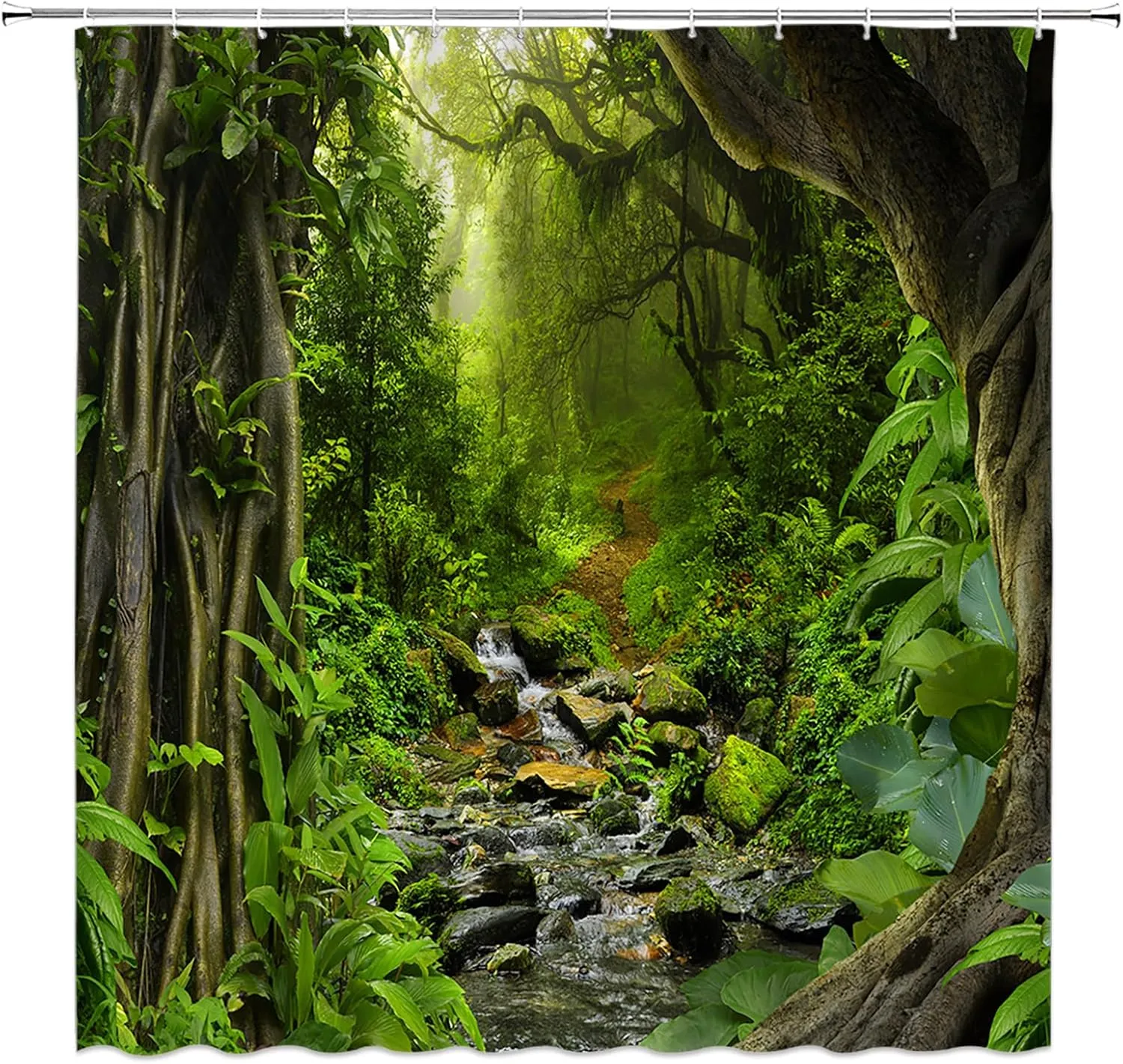Rainforest Shower Curtain Jungle Stream Waterfall Tropical Forest Plant Leaf Nature Spring Summer Fabric Bathroom Decor Set with Hooks,(59" Wx70 H)