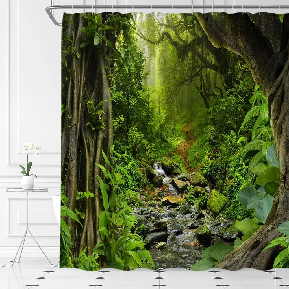 Rainforest Shower Curtain Jungle Stream Waterfall Tropical Forest Plant Leaf Nature Spring Summer Fabric Bathroom Decor Set with Hooks,(59" Wx70 H)