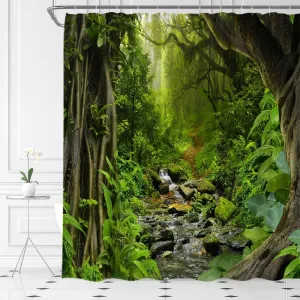 Rainforest Shower Curtain Jungle Stream Waterfall Tropical Forest Plant Leaf Nature Spring Summer Fabric Bathroom Decor Set with Hooks,(59" Wx70 H)