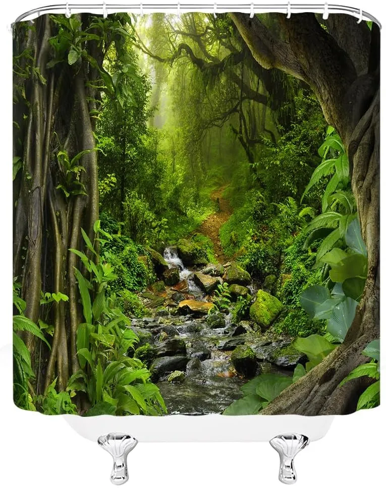 Rainforest Shower Curtain Jungle Stream Waterfall Tropical Forest Plant Leaf Nature Spring Summer Fabric Bathroom Decor Set with Hooks,(59" Wx70 H)