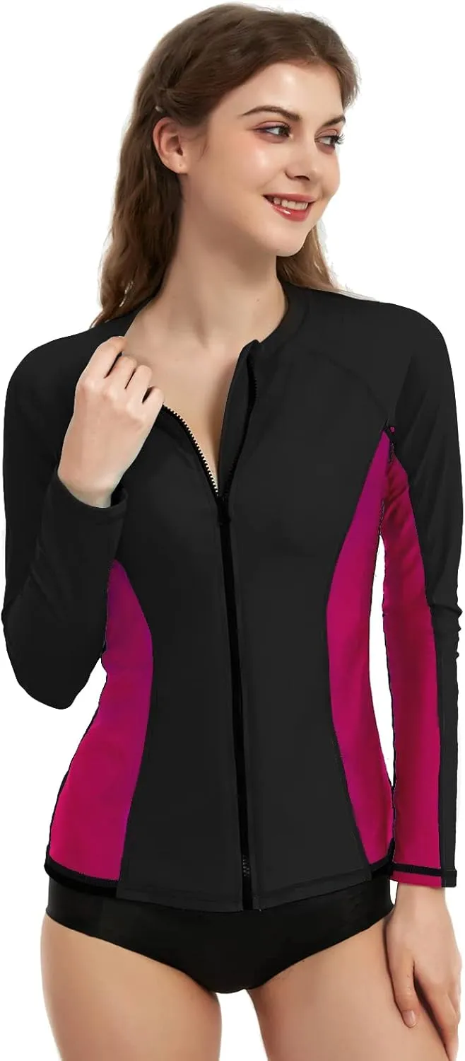 Rash Guard for Women, UPF 50  Long Sleeve Zip Front UV Sun Protection Jacket Swim Shirt for Women Swimwear