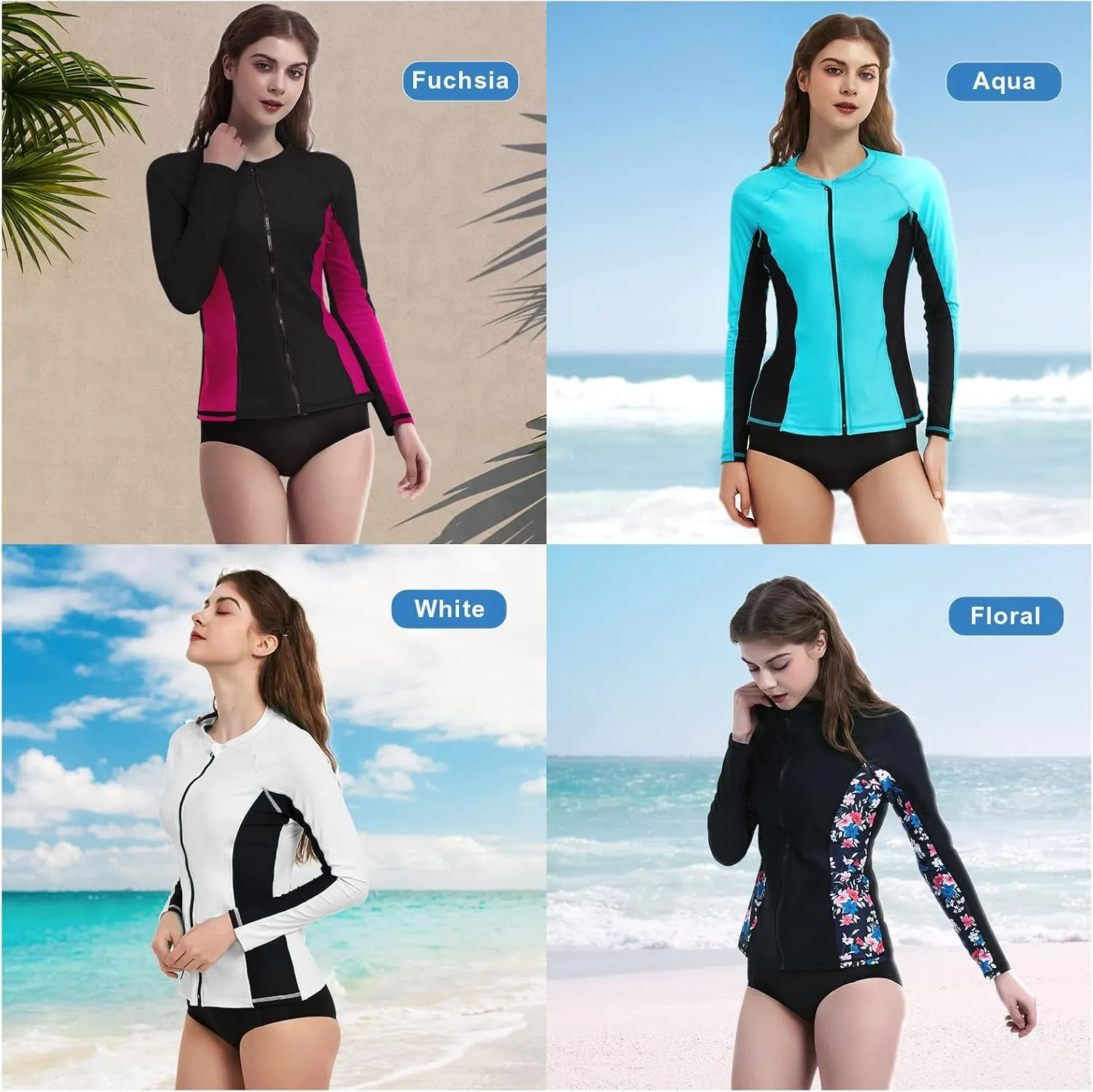 Rash Guard for Women, UPF 50  Long Sleeve Zip Front UV Sun Protection Jacket Swim Shirt for Women Swimwear