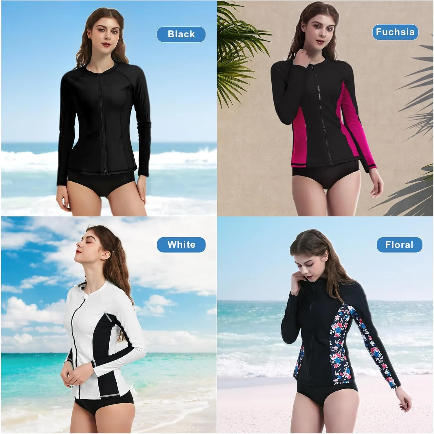 Rash Guard for Women, UPF 50  Long Sleeve Zip Front UV Sun Protection Jacket Swim Shirt for Women Swimwear