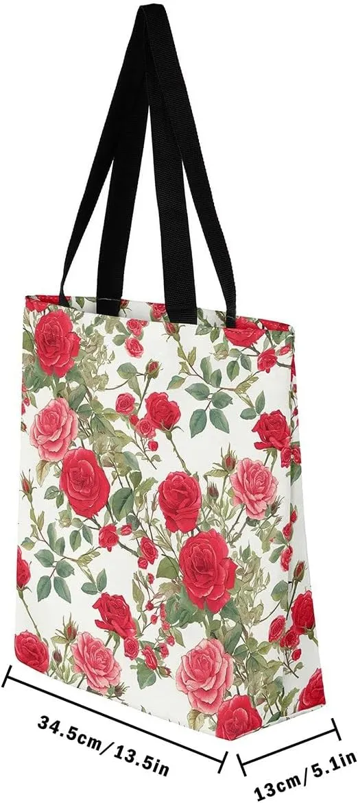 Red Rose Tote Bag,Romantic Valentine Theme Canvas Tote Bag