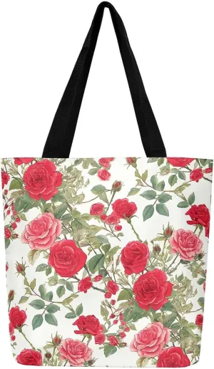 Red Rose Tote Bag,Romantic Valentine Theme Canvas Tote Bag