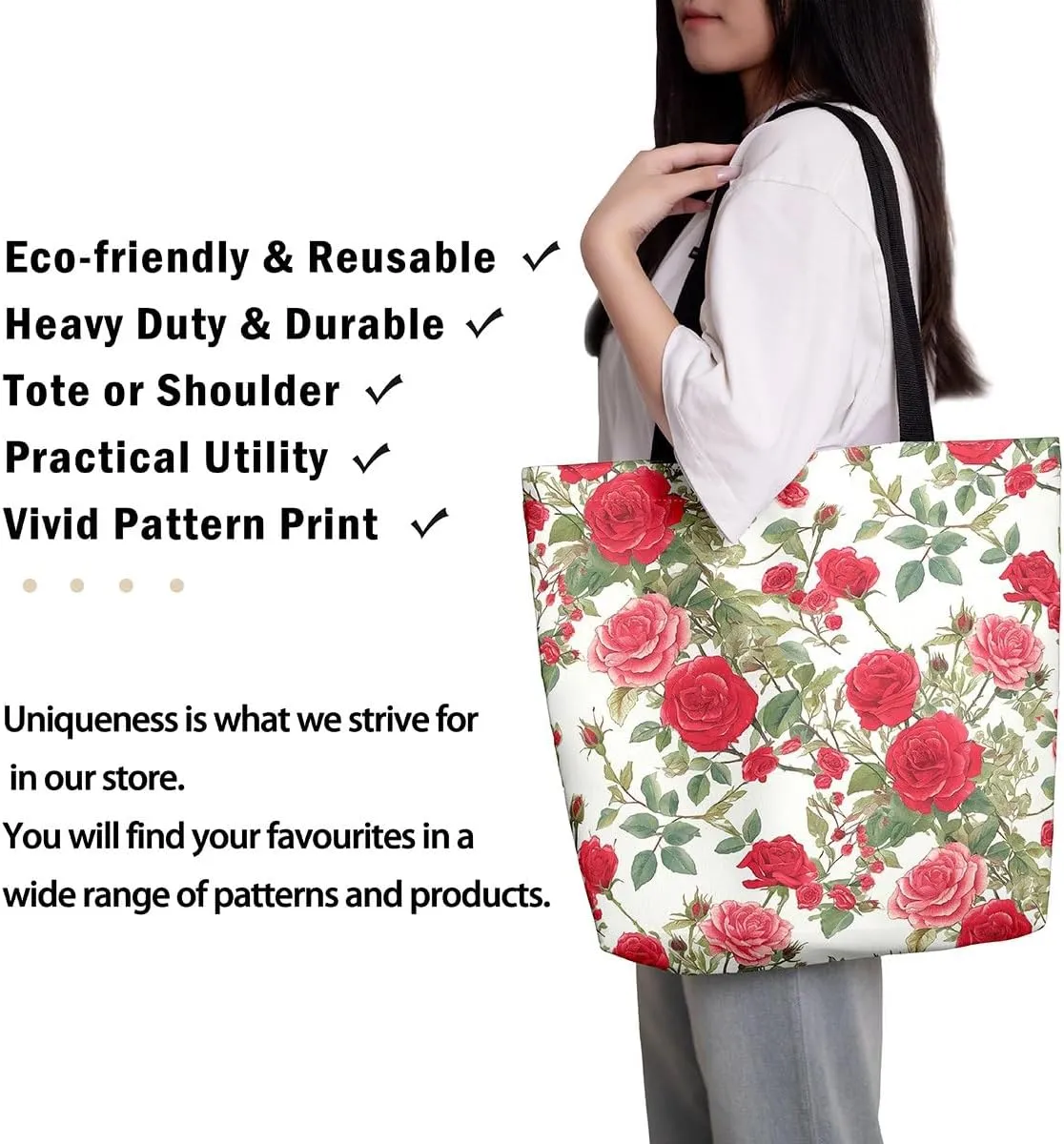 Red Rose Tote Bag,Romantic Valentine Theme Canvas Tote Bag