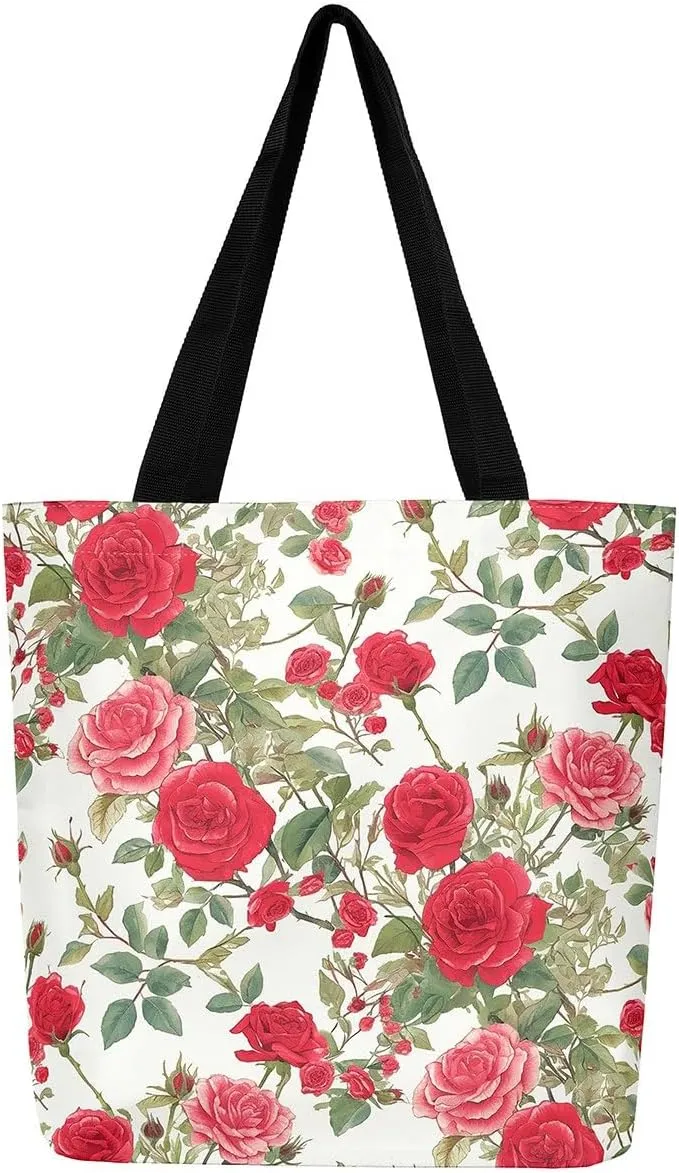 Red Rose Tote Bag,Romantic Valentine Theme Canvas Tote Bag