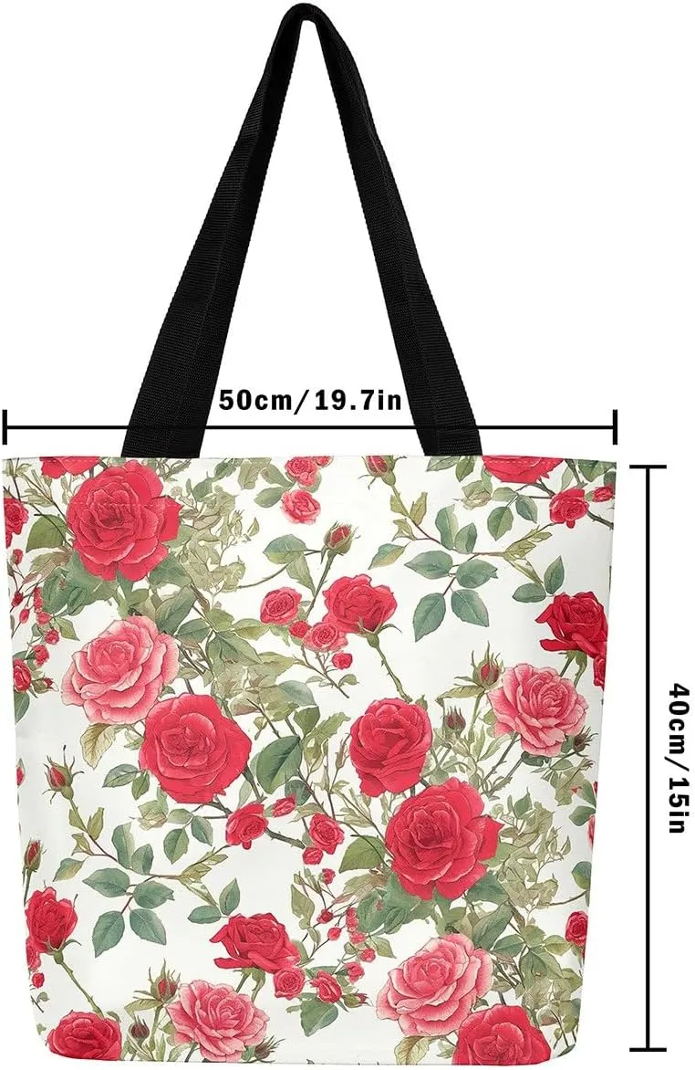 Red Rose Tote Bag,Romantic Valentine Theme Canvas Tote Bag