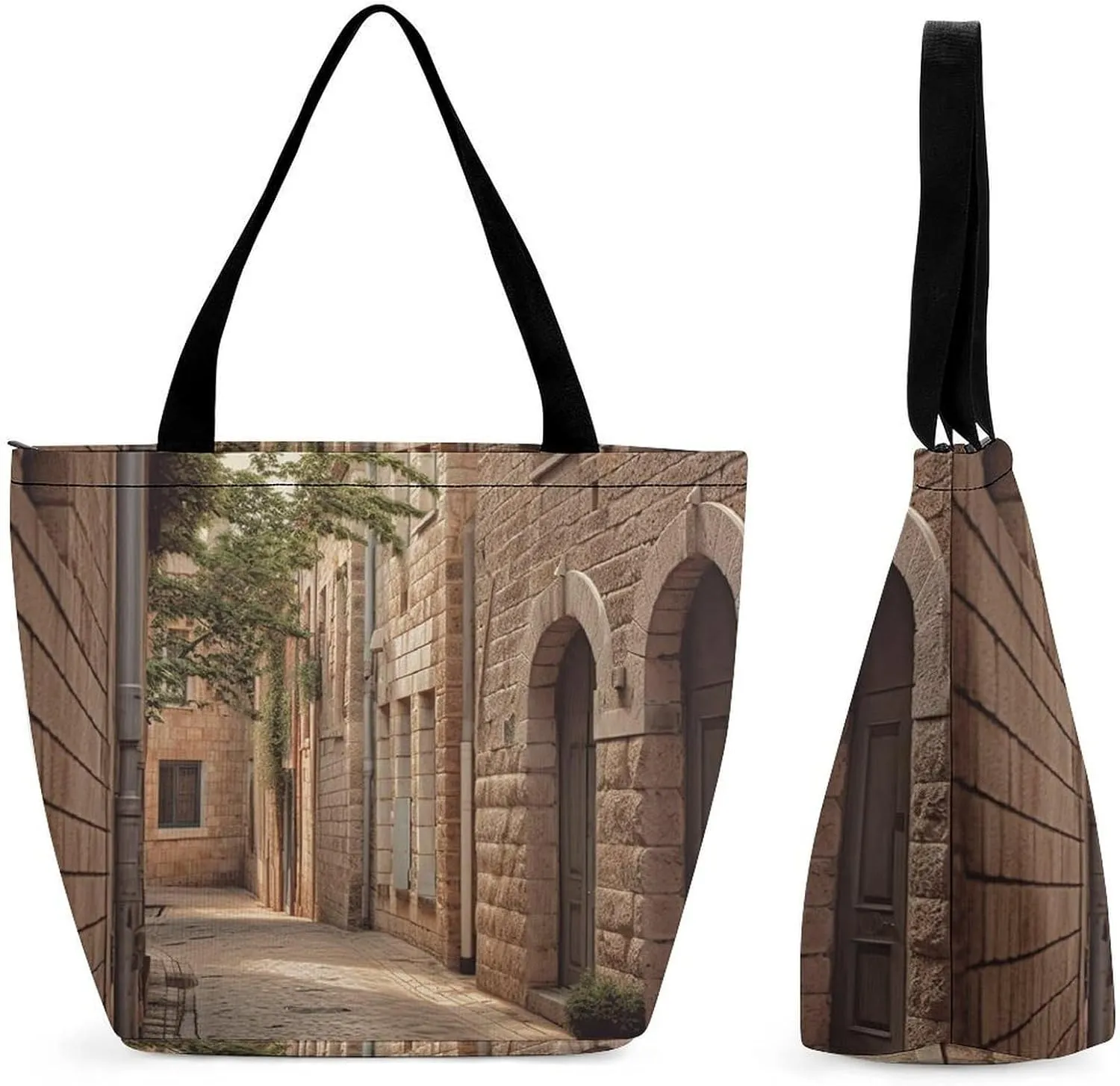 Reusable Shopping Bags for Women Large Grocery Bags Travel Tote Bags Architecture Streets Houses Shoulder Bag for Work
