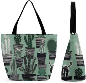 Reusable Shopping Bags for Women Large Grocery Bags Travel Tote Bags Cartoon Cactus Shoulder Bag for Work