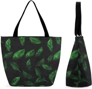 Reusable Shopping Bags for Women Large Grocery Bags Travel Tote Bags Green Leaves on Black Wall Shoulder Bag for Work