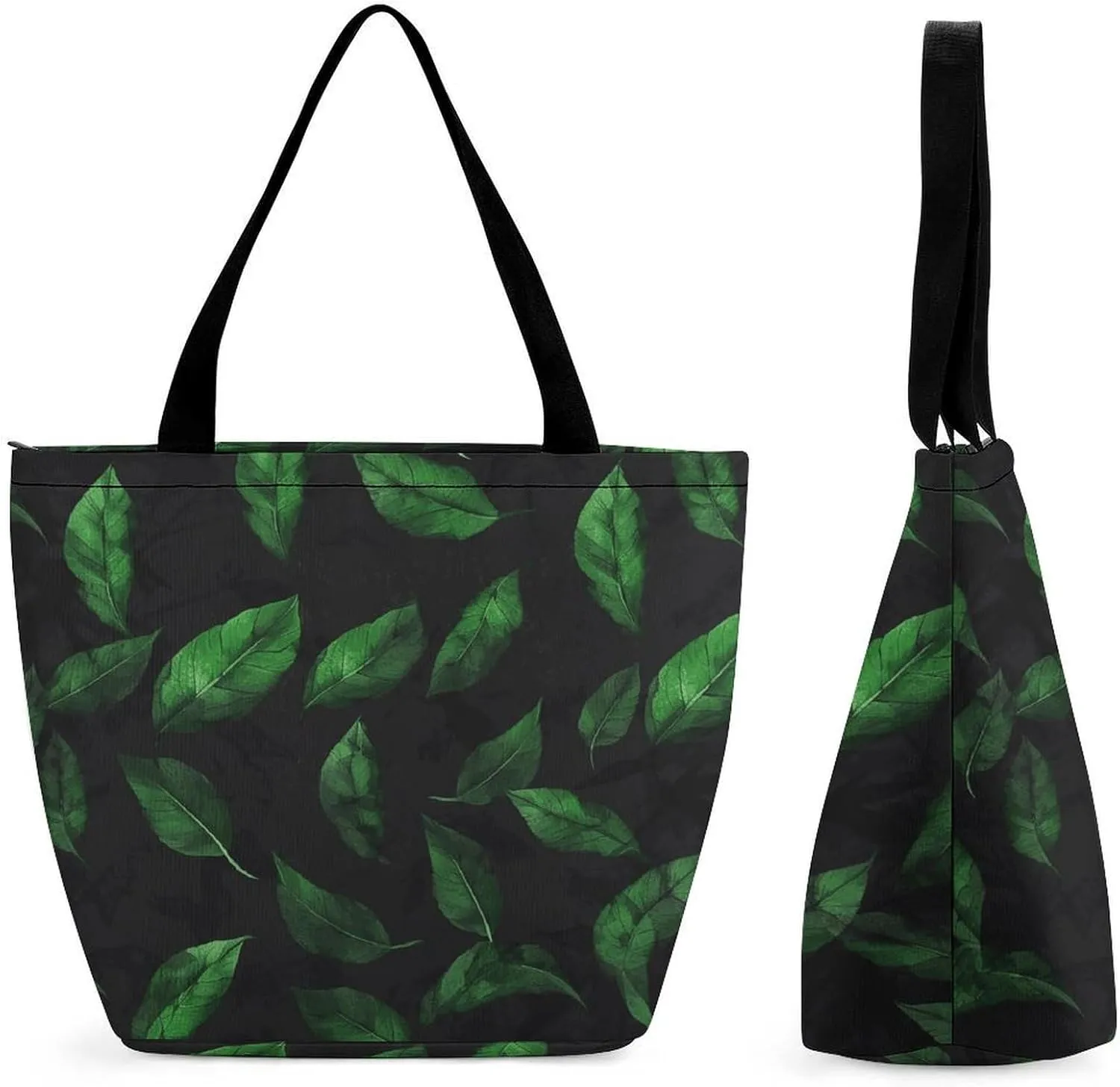 Reusable Shopping Bags for Women Large Grocery Bags Travel Tote Bags Green Leaves on Black Wall Shoulder Bag for Work