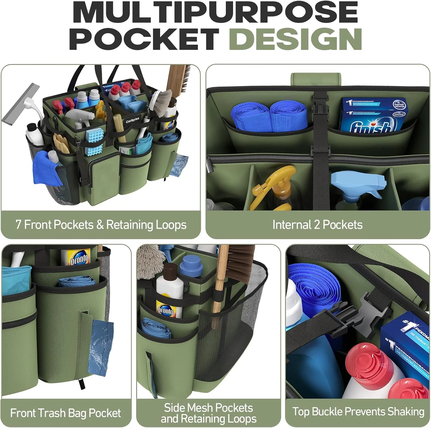 Rolling Cleaning Caddy Bag with Detachable Trolley, Cleaning Supplies Organizer Cart on Wheels, Cleaning Supply Caddy for Housekeepers, Large Professional Detailing Bag Tote for Home, Car (Green)