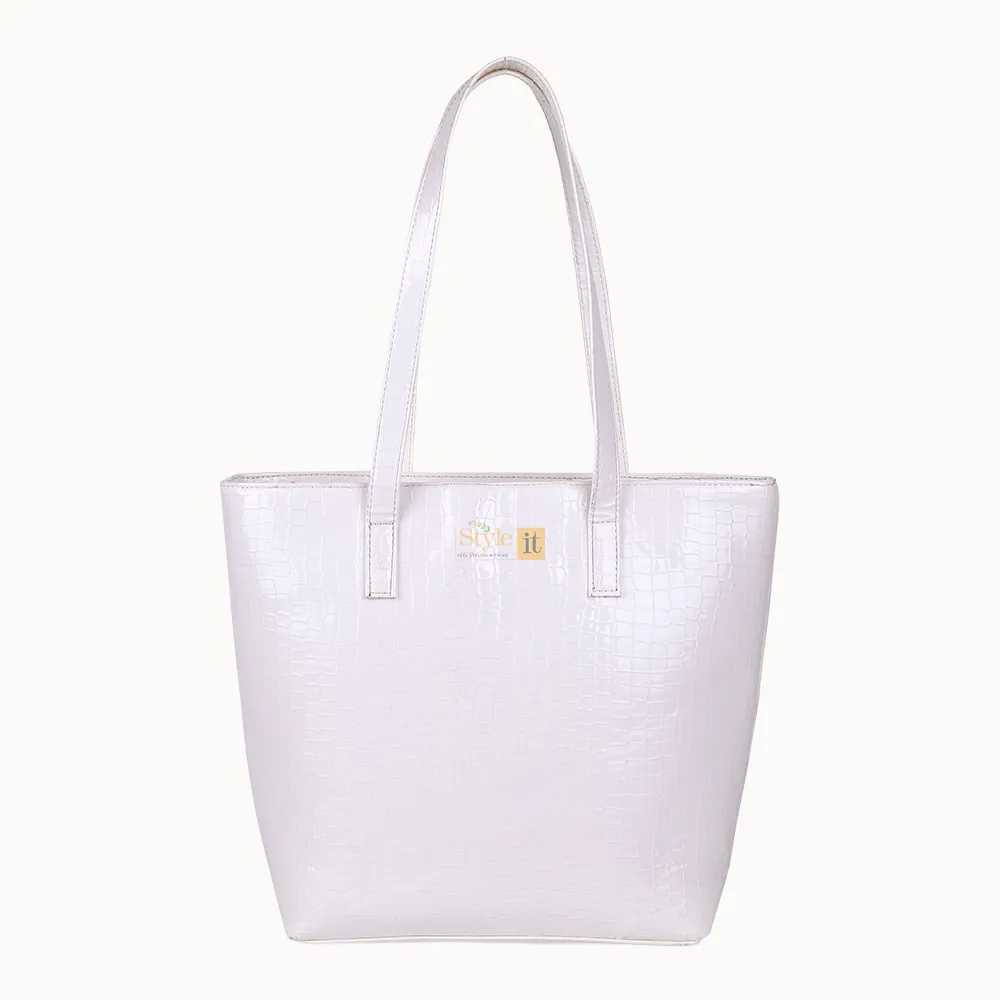 Roomy White Crocodile Leather Tote Bag