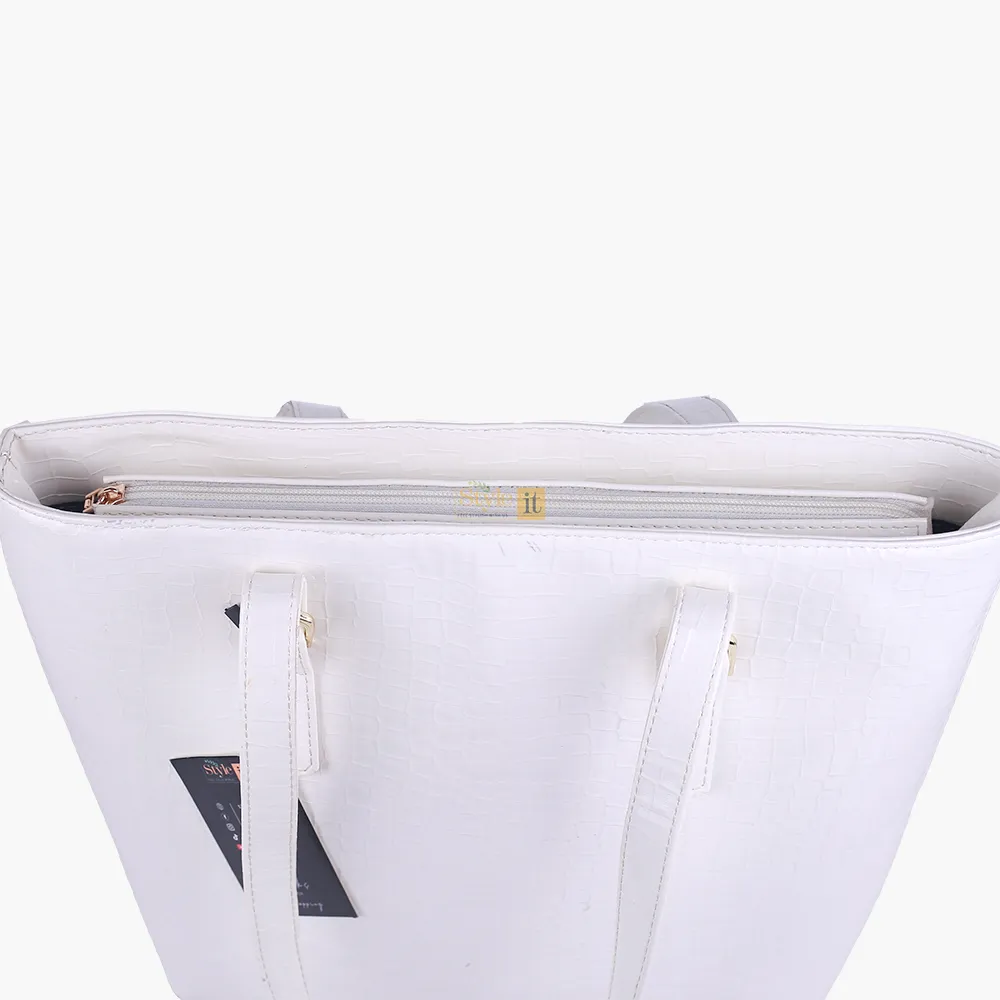 Roomy White Crocodile Leather Tote Bag