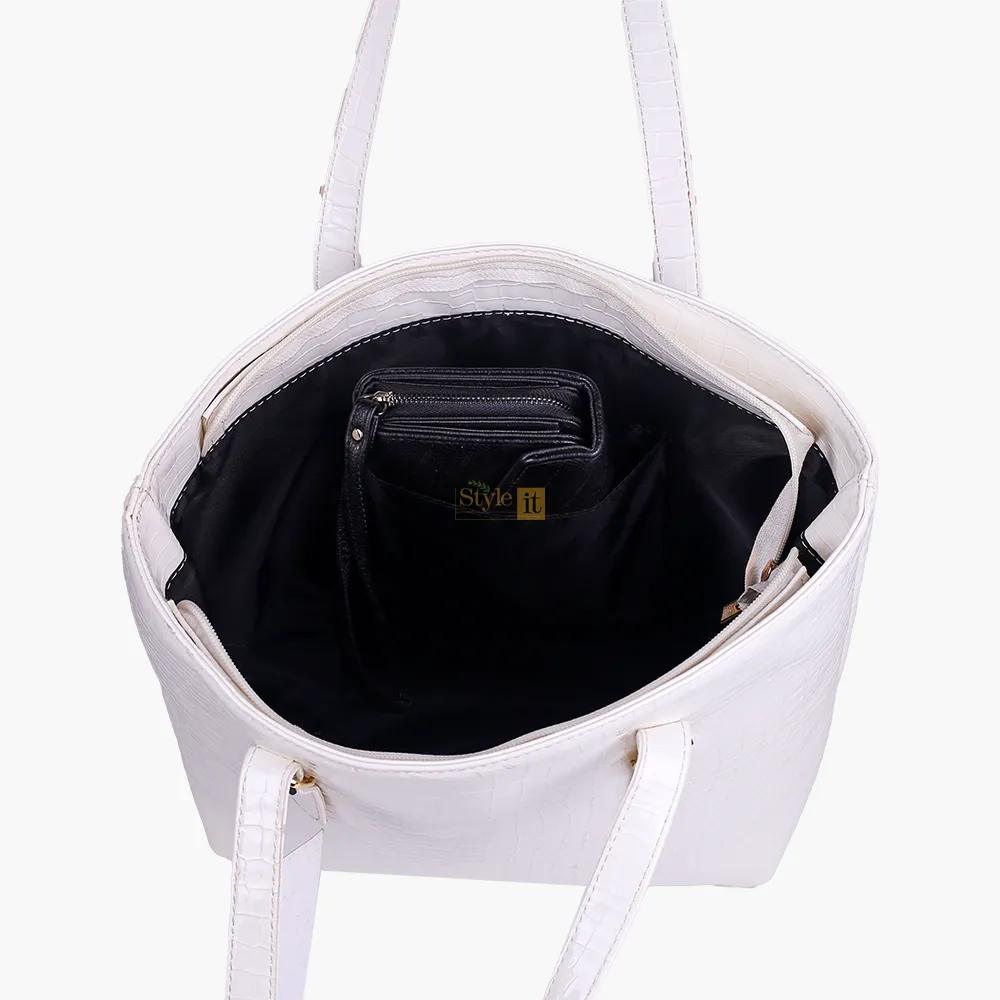 Roomy White Crocodile Leather Tote Bag